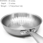 Fortune Candy 8-Inch Fry Pan with Lid, 3-ply Skillet, 18/8 Stainless Steel, Dishwasher Safe, Induction Ready, Silver