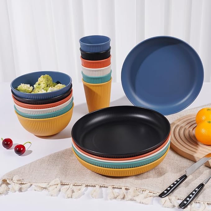 18pcs Wheat Straw Dinnerware Sets HXYPN Unbreakable Dinnerware Set Kitchen Plates and Bowls Set Plastic Plates Reusable Dishwasher and Microwave Safe