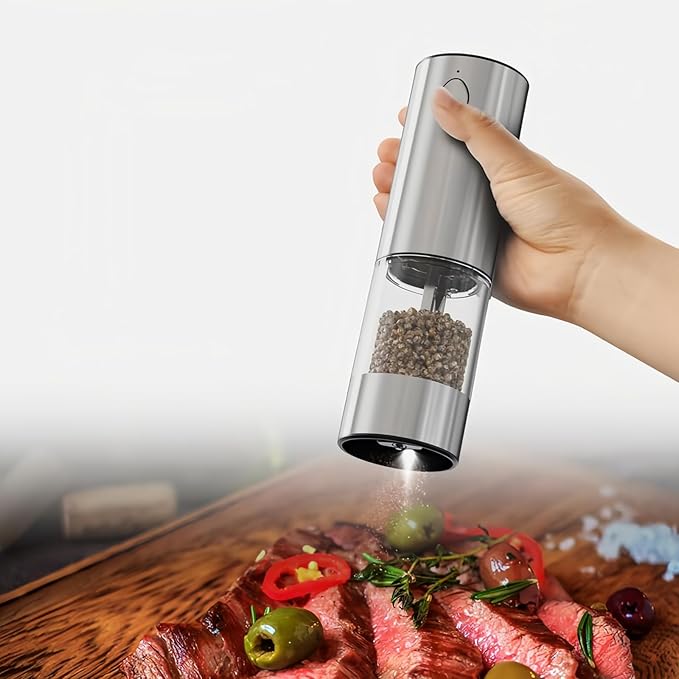 Electric salt and pepper grinder set with LED light. With USB port. Stainless steel automatic refillable 5 adjustable coarseness grinder