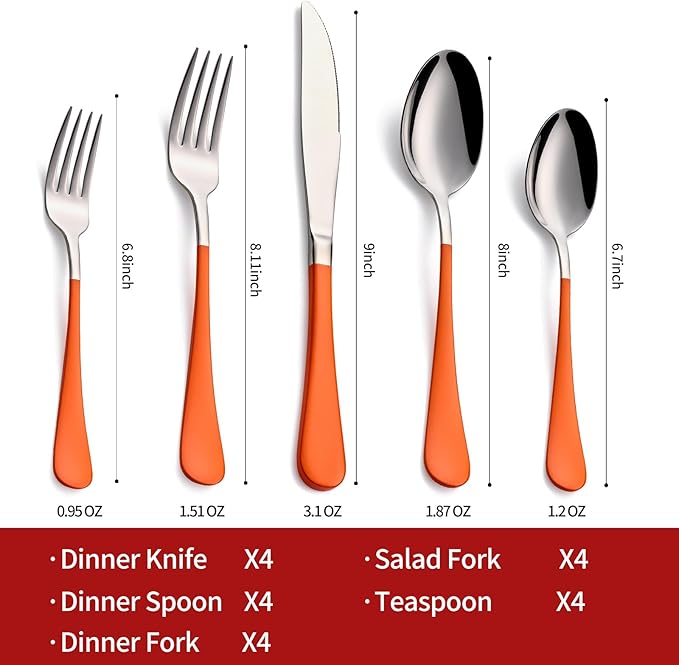 20-Piece Orange Silverware Set 18/0 Stainless Steel Flatware Orange Handle Cutlery Set Service for 4 Dinner Knives Forks Spoons Set Mirror Finish Dishwasher Safe