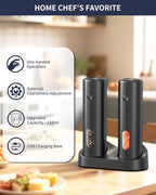 CIRCLE JOY Rechargeable Electric Salt and Pepper Grinder Set with Charging Base, Automatic Pepper Mills with 110ml Container, External Adjustable Coarseness, White Led Light, Easy to Operate, Black