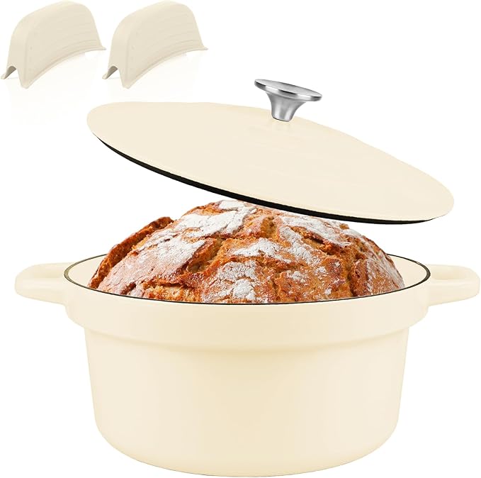 CUKOR 7QT Dutch Oven Pot With Lid, Enameled Cast Iron Dutch Ovens for Sourdough Bread Baking, Non-Stick Ceramic Dutch Oven Cooking Pot, Oven Safe, White (10 Pcs Bread Paper Liners)