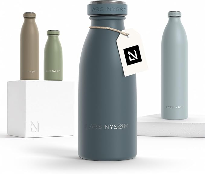 LARS NYSØM Stainless Steel Insulated Water Bottle 12oz 17oz 25oz 34oz 51oz | Insulated Thermo Flask for Hot and Cold Beverages | Leakproof Drinking Bottle (Stone Blue, 11.9oz)