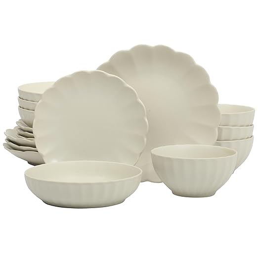 Gibson Elite Malibu Shore 16 Piece Scallop Stoneware Reactive Glaze (Service for 4) Ceramic Plates and Bowls Dinnerware Set - Cream White