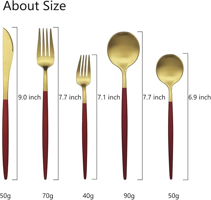 JASHII Luxury 18/10 Red Handle Flatware Gold Silverware Set 304 Stainless Steel Flatware Cutlery Set| 5-Piece Adaline Royal Modern Satin Finish| BEST Birthday Wedding Gift (Red Handle Matte Gold)