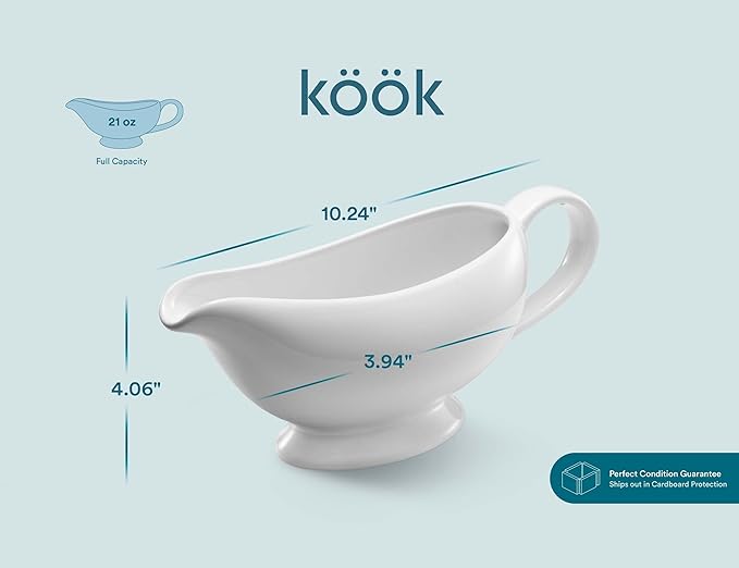 Kook Ceramic Gravy Boat, Serving Dispenser, Porcelain Pitcher for Sauces, Dressings and Creamer, Large Handle, Microwave and Dishwasher Safe, 21 oz, White