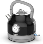 Amaste Electric Kettle, Retro Electric Tea Kettle With Thermometer, 57 Oz Hot Water Kettle For Coffee & Tea, 304 Stainless Steel, 1500w Fast Boiling, Auto Shut-Off & Boil Dry Protection, Black