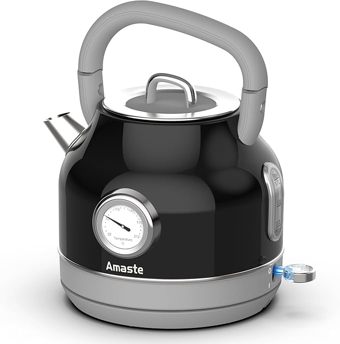 Amaste Electric Kettle, Retro Electric Tea Kettle With Thermometer, 57 Oz Hot Water Kettle For Coffee & Tea, 304 Stainless Steel, 1500w Fast Boiling, Auto Shut-Off & Boil Dry Protection, Black