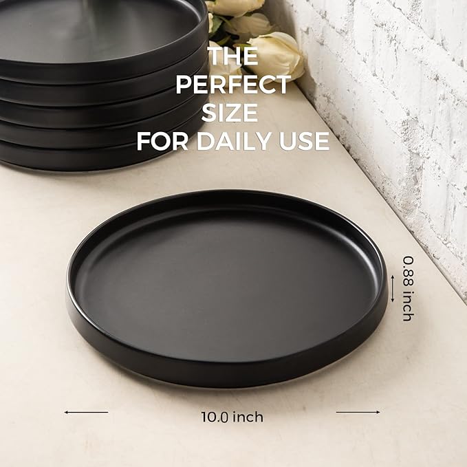 AmorArc Ceramic Dinner Plates Set of 6, 10.0 Inch Matte Stoneware Plates for Kitchen,Modern Flat Dinnerware Dishes Set,Microwave& Dishwasher Safe, Scratch Resistant, Matte Black