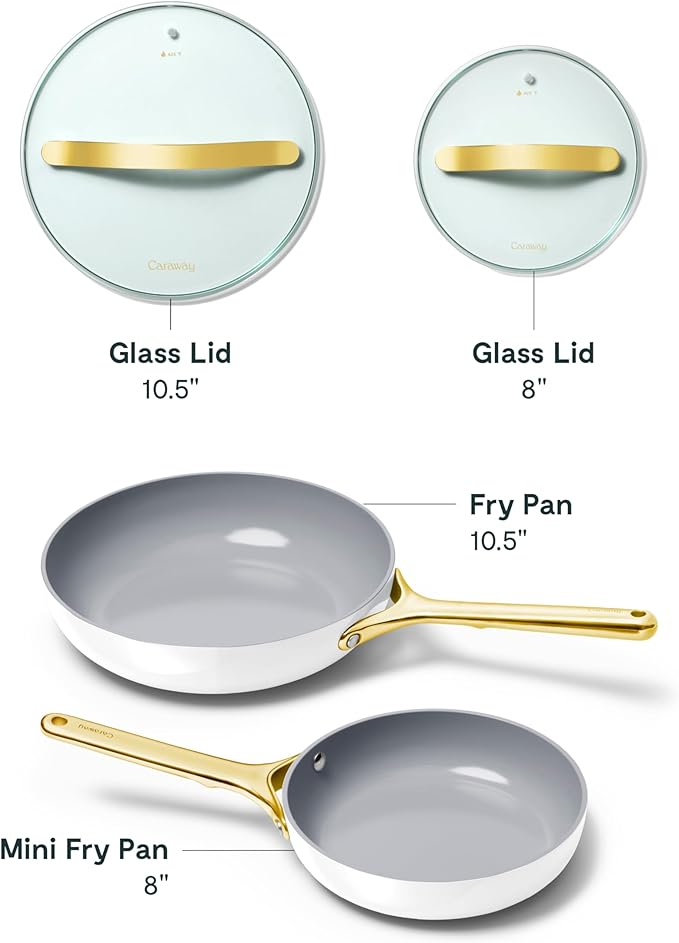 Caraway Ceramic Fry Pan Duo with Glass Lids - Non-Stick Frying Pans (10.5” & 8”) - Non Toxic, PTFE & PFOA Free - Oven Safe & Compatible with All Stovetops – White