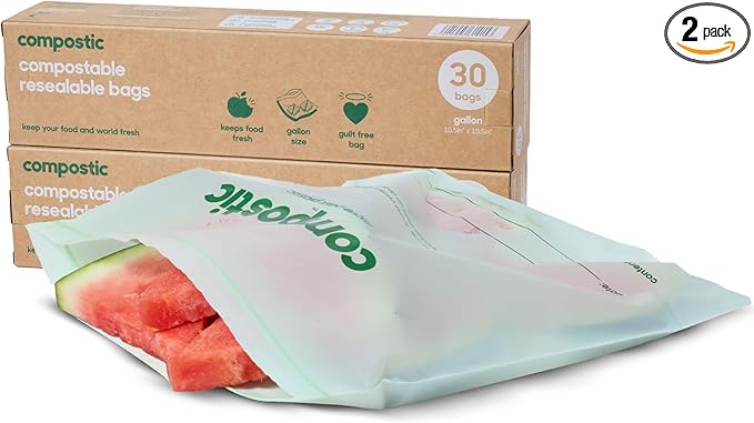 Home Compostable Resealable Gallon Bags (10.5"x10.5"), Microwave & Freezer Safe, Organic Food Storage Container, 30 Count (Pack of 2)