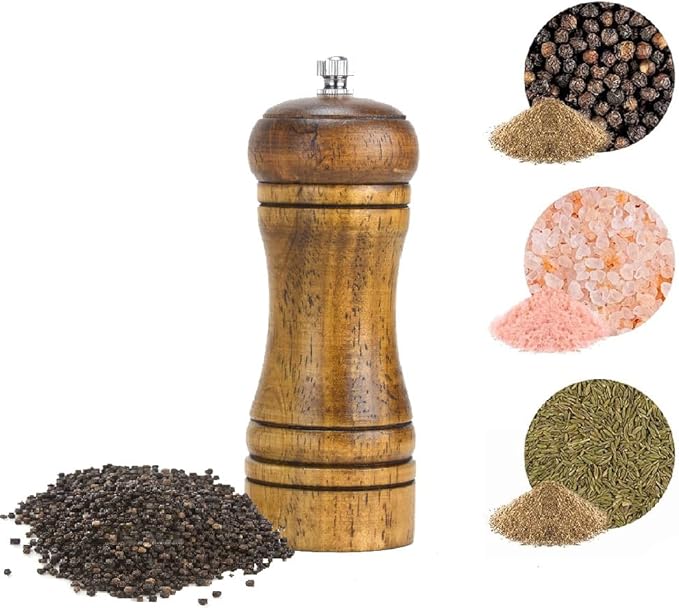 Wooden Pepper Grinder or Salt Grinder, 5 inch Salt Mill and Pepper Mill with Ceramic Rotor Adjustable Coarseness, Wood Salt Pepper Grinder Peppercorn, Refillable Salt and Pepper Shakers