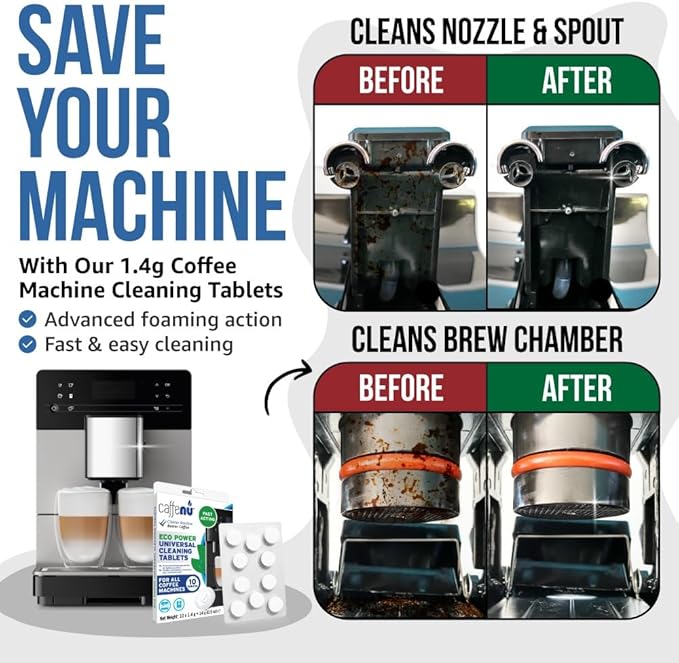 Coffee Machine Cleaner Tablets. 10 x 0.05 oz. Used Every 100 cups. Auto, Bean to Cup & One Touch Machine Cleaning Tablets. Used with Descaling