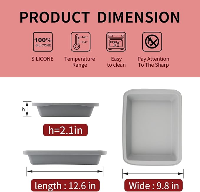 Sunsetbaby Silicone Baking Dish with Handles, Deep Rectangular Bakeware Cake Pan, Compatible with Fancy Panz, for Lasagna, Cake, Brownie or Family Dinner, 12.6 x 9.8 x 2.1 Inch (Grey)