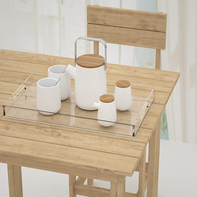 NIUBEE Acrylic Serving Tray 16x20 Inches -Spill Proof- Clear Decorative Tray Organiser for Ottoman Coffee Table Countertop with Handles