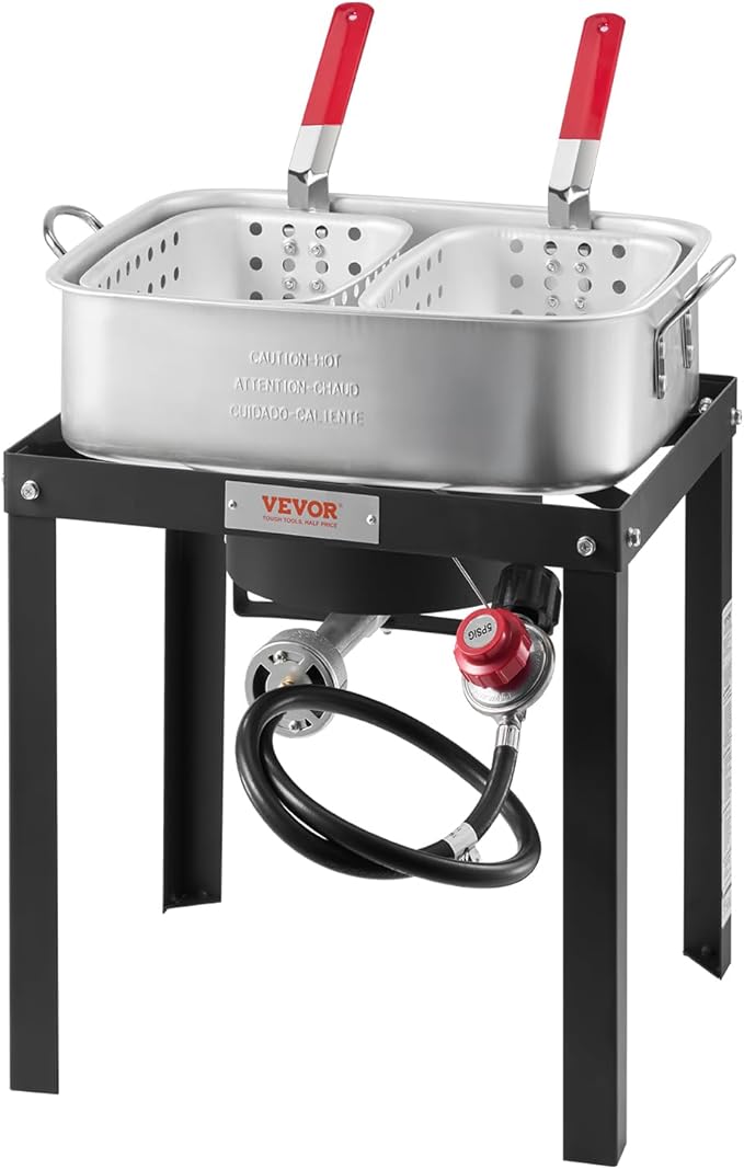 VEVOR 18 Qt Fish and Wing Fryer with Double Basket, Aluminum Propane Fish Fryer Kit, Outdoor Deep Fryer Seafood Pot with Thermometer and 58,000 BTUs Propane Burners, for Outdoor and Backyard Cooking