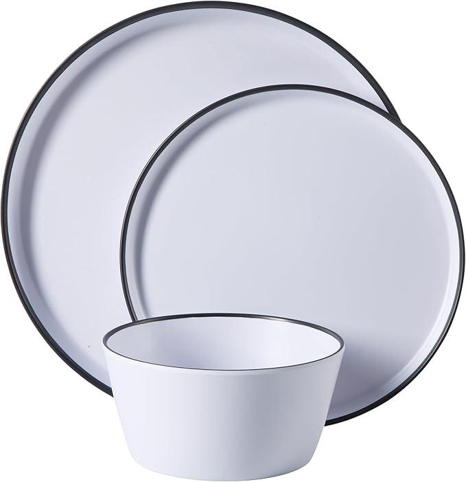 Gibson Home Folsom Shores 12 Piece Unbreakable Modern Melamine Plates and Bowls Dinnerware Set - Outdoor, Camping, & Everyday Use - White W/Black Rim