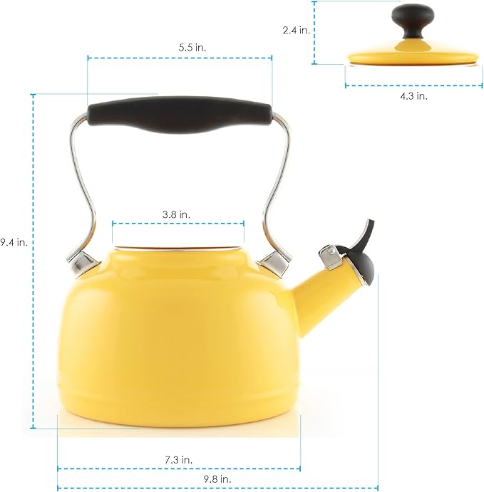 Chantal Tea Kettle, 1.7 QT, Vintage Series, Premium Enamel on Carbon Steel, Whistling, Even Heating & Quick Boil (Canary Yellow)