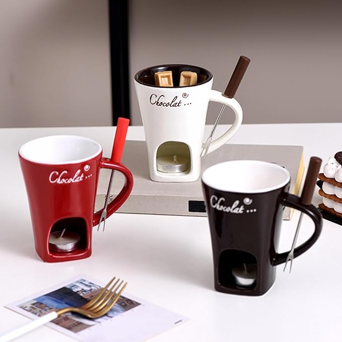 Ceramic Fondue Pot Set, Chocolate Mug With Forks, Perfect For Butter And Cheese Melting,Multipurpose,Personal Cheese Melting Cup