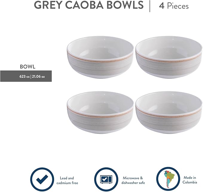 Corona 4 dinnerware Bowls Set |Gray Caoba 12.8 oz - 380cc|service for 4|Ceramic|Hand Painted| Set 4 Bowls|Cerámica (Grey Caoba, 4-Piece | Bowl)