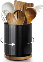getstar 360° Rotating Large Kitchen Utensil Holder, Ceramic Cooking Utensil Holder for Kitchen Counter with Rotatable and Detachable Wooden Base (Black)