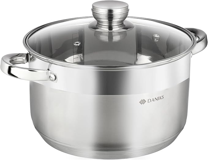 Daniks Standard Stainless Steel Stock Pot with Glass Lid – Induction 7 Quart, Dishwasher Safe, Measuring Scale, For Soup, Pasta, Stew, Silver