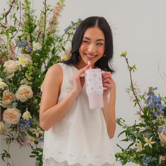 HydroJug Traveler - 20 oz Water Bottle with Handle & Flip Straw - Fits in Cup Holder, Leak Resistant Tumbler-Reusable Insulated Stainless Steel & Rubber Base - Gifts for Women & Men, Wildrose