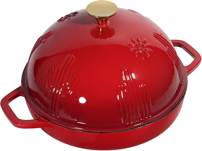 Cast Iron Bread Oven With Cloche Lid for Baking - Red Enameled Dutch Oven With Dome Lid for Sourdough - 5 qt