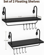 Olakee Floating Wall Shelves for Kitchen Bathroom Coffee Nook with 10 Adjustable Hooks for Mugs Cooking Utensils or Towel Rustic Storage Shelves Set of 2/17x5.9 inch (Black)