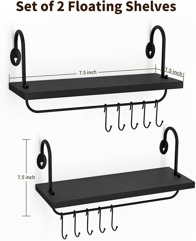 Olakee Floating Wall Shelves for Kitchen Bathroom Coffee Nook with 10 Adjustable Hooks for Mugs Cooking Utensils or Towel Rustic Storage Shelves Set of 2/17x5.9 inch (Black)
