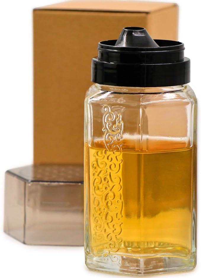 TOSSOW Glass Honey dispenser Oil Bottle Leakproof Condiment Container Oil Vinegar Cruet with Pourers and Funnel Olive Oil Carafe Decanter Non-Drip Spout for Kitchen Cooking 350ml/12oz Black