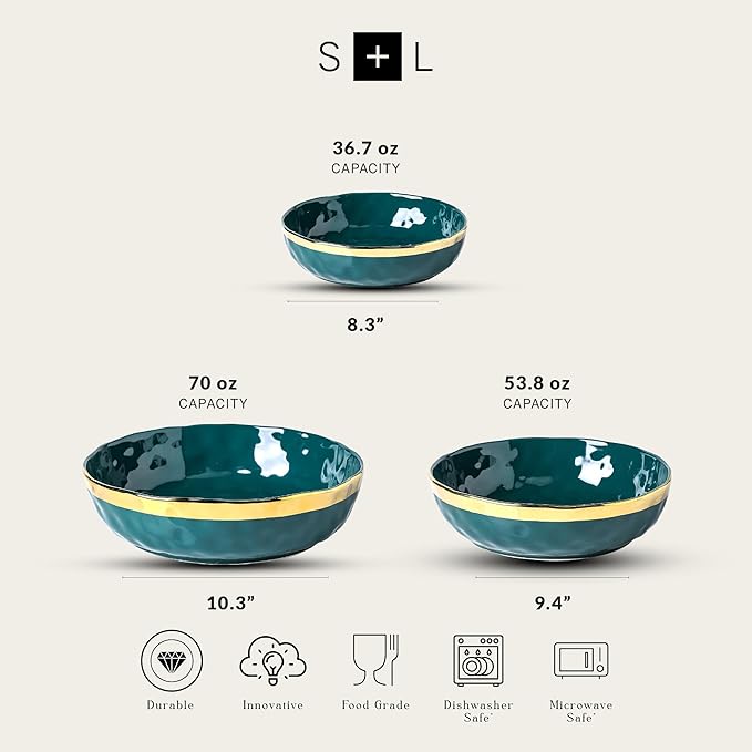 Stone Lain Florian Porcelain 3-Piece Round Shallow Bowl Service Set, Green with Gold Rim