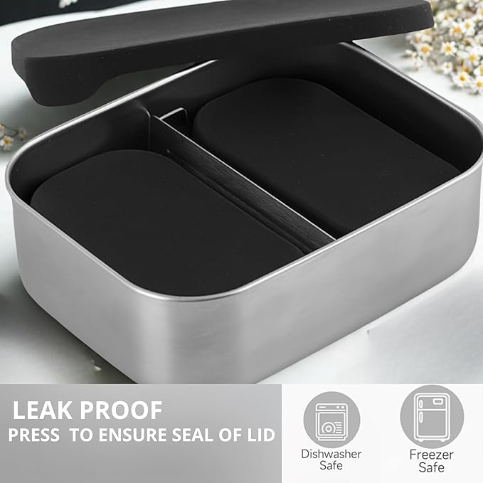Flexibento - Leak proof Stainless Steel Lunch Box | Bento Box |Food , Lunch Containers with Silicone Lids| sandwich and Snack Containers |Metal lunch Box |Black | 27 OZ, 2*6.5 OZ| Adjustable Divider