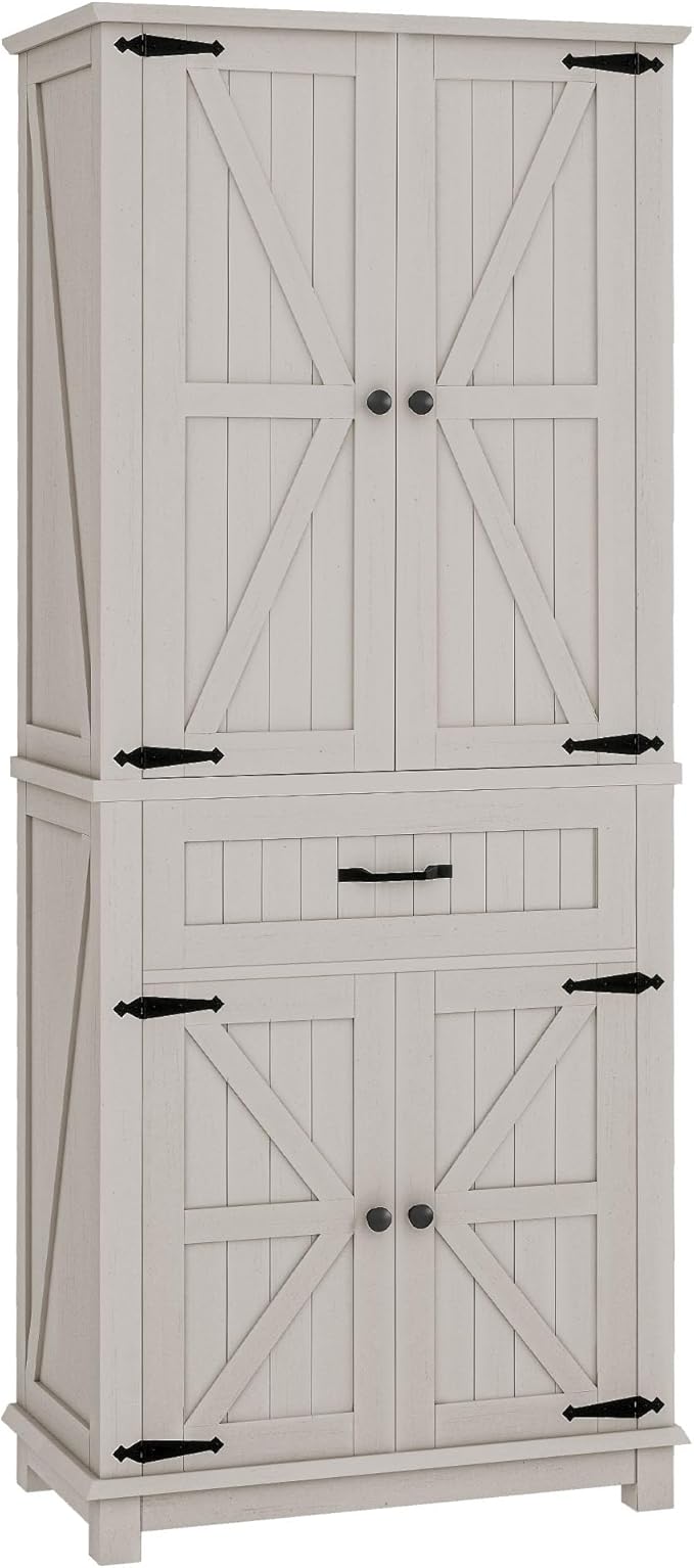 YITAHOME 72.6" H Farmhouse Kitchen Pantry Cabinet, Freestanding Tall Storage Cabinet with 4 Doors, Drawer and Adjustable Shelves, Tall Cupboard for Dining Room, Living Room, White Oak