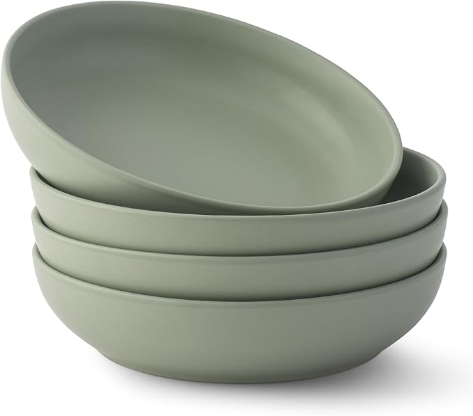 JoyJolt Mesa 40oz Stoneware Serving Bowls Set of 4, Large Salad Pho Soup Pasta Plates for Kitchen, Dishwasher and Microwave Safe, Aesthetic Kitchen Essentials - Matte Sage Green