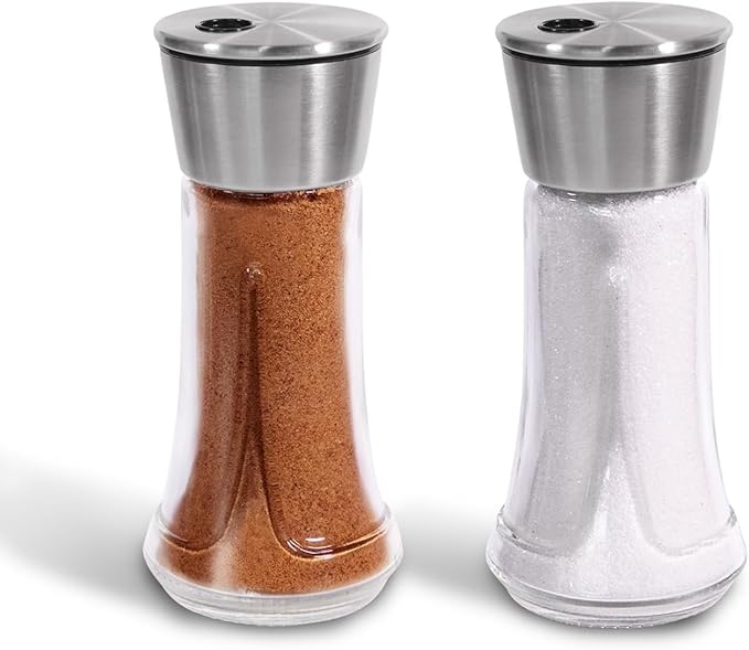 Adjustable Salt Pepper Shakers Glass - 4 OZ Spice Dispenser with Stainless Steel Lid for Kitchen, Cooking & BBQ Use