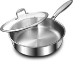 EWFEN 12 Inch Tri-Ply Stainless Steel Frying Pan, Deep Frying Pan with lids, Compatible with All Cooktops Up to 600℉, Induction Cooking Pan, Dishwasher and Oven Safe, Fast & Even Heat