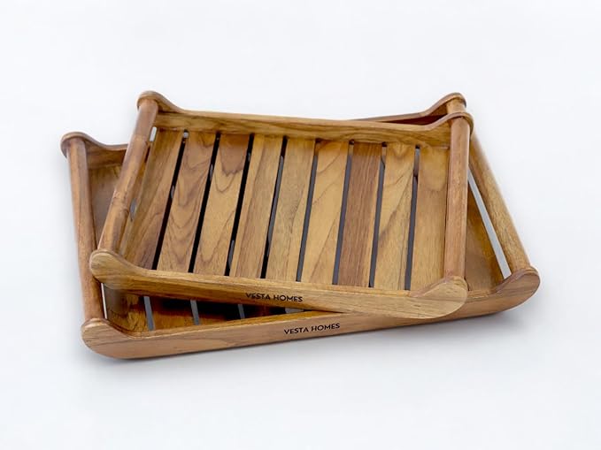 Set of 2 Romper Teak Wood Rectangular Serving Tray for Home/Kitchen/Restaurant/Office Organizer/Dining Table|Premium Wooden Trays| 18 X 12 ; 15 x 10 inches | Handcrafted in India