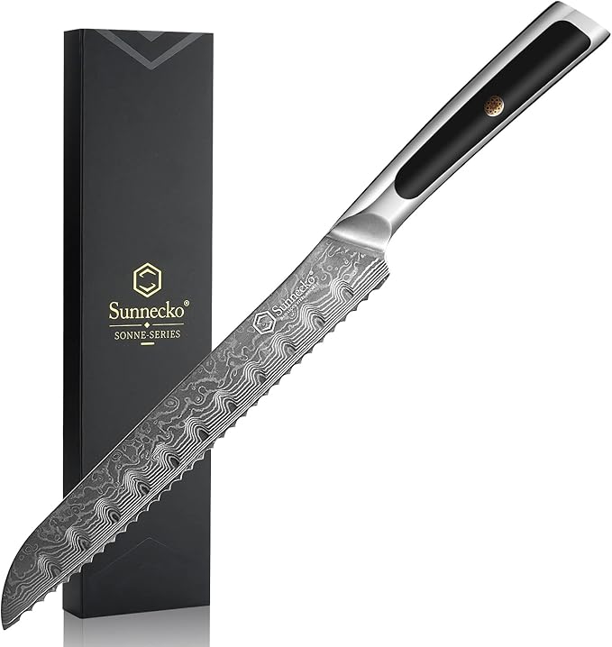 Sunnecko Bread Knife 8 inch, Serrated Bread Knife for Homemade Bread with 67-layers VG10 Damascus Steel Blade, Japanese Bread Knife with Solid Handle Bread Cutting Knife Bread Knives Cake Knife