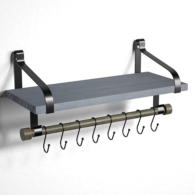 Love-KANKEI Wall Shelf for Storage Rustic Wood Kitchen Spice Rack with Towel Bar and 8 Removable Hooks for Organize Cooking Utensils or Mugs Floating Shelf Weathered Grey