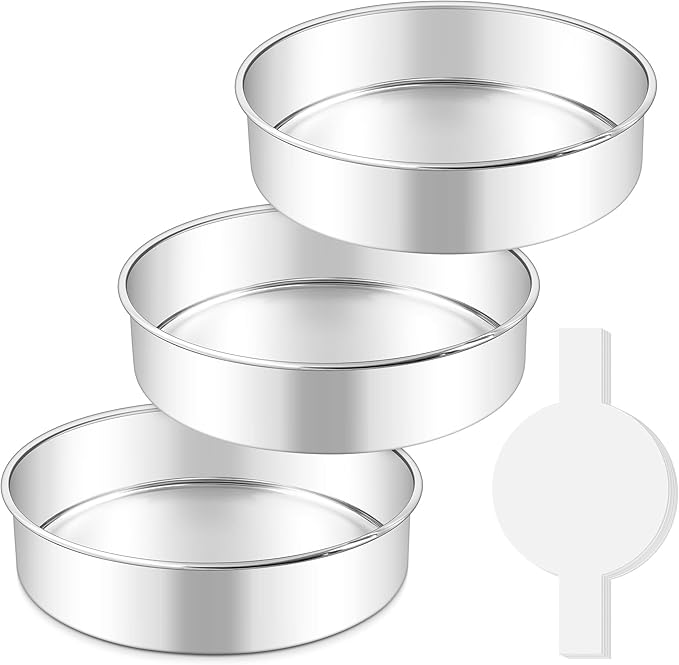 LIANYU 8 Inch Cake Pan Set of 3, Stainless Steel Round Baking Pans with 90 PCS Parchment Paper, Non Toxic Bakeware Tins for Layer Birthday Wedding Cake, Leak-proof & Dishwasher Safe