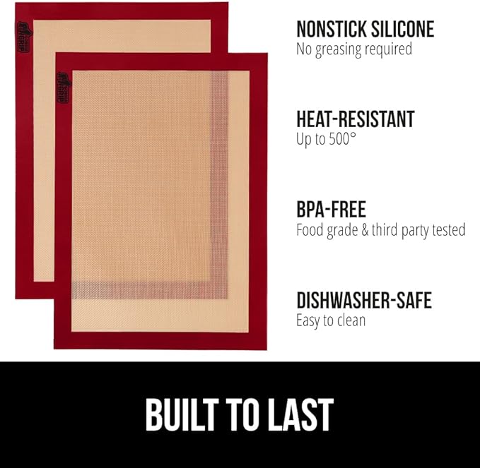 GORILLA GRIP Reusable Nonstick Silicone Baking Mat, 2 Pack, BPA-Free Oven Safe Food Liner, For Cookie Sheets, Toaster Ovens, Easy Clean Pastry Mats, Kitchen Essential, 11.75x8.25, Quarter Sheet, Red