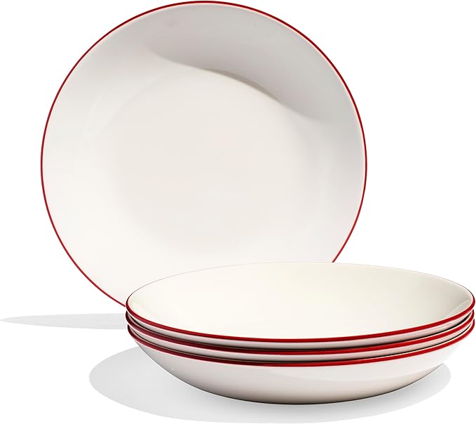 Made In Cookware - Set of 4 - Entrée Bowls - White With Red Rim - Porcelain - Crafted in England
