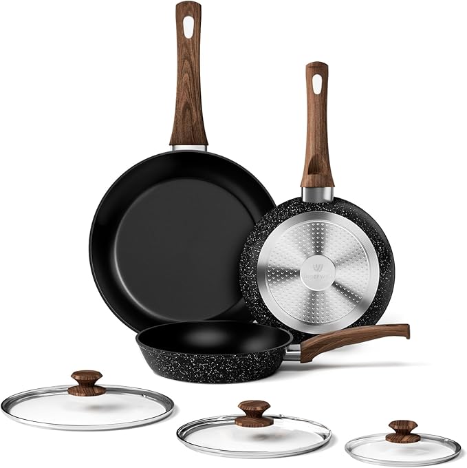 Frying Pan Set With Lids - Non Stick Frying Pans Set 3 Pcs, Nonstick Skillet Pans Set Egg Omelette Pan W/Lid, PFOA Free, Induction Non Toxic Cooking Black Pan Set