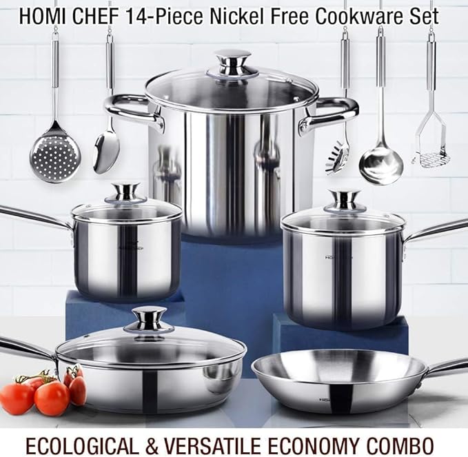 HOMICHEF 14-Piece Nickel Free Stainless Steel Cookware Set - Nickel Free Pots and Pans Set - Non-Toxic, Healthy Induction Cookware