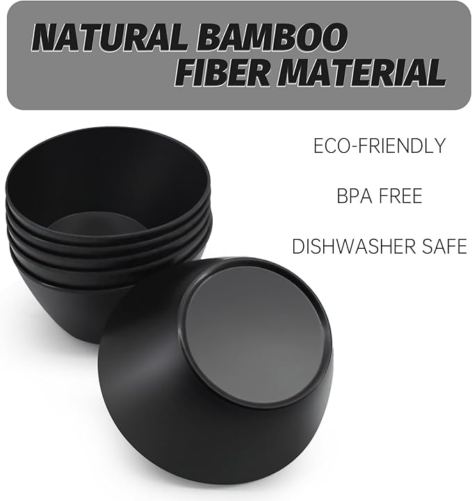 Bamboo Fiber Cereal Bowls Set 6 Pieces, 24 Ounce Soup Bowls Black, Melamine Bowls Set Large for Kitchen, Deep Serving Bowls for Cereal, Soup, Oatmeal, Rice, Pasta, Salad, Black