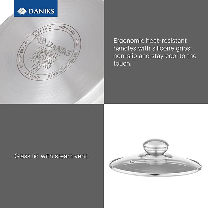 Daniks Classic 12-Piece Stainless Steel Cookware Set with Glass Lids, Includes Saucepan and Frying Pan with Lid, Tri-Ply Bases for Even Heating, Induction Compatible, Dishwasher Safe