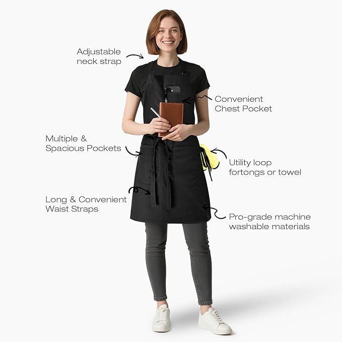 Unisex Apron with Pockets for Cooking, Salon & Art - 100% Cotton Adult Kitchen, Chef, Stylist Apron