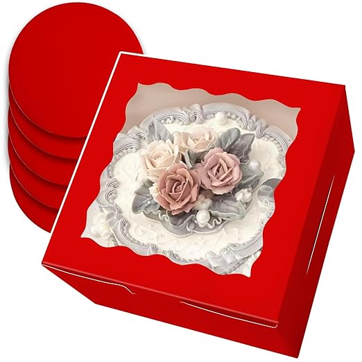 qiqee 8x8x5 Cake Box, 18 Sets Red Cake Box with Window ＆ 18 Sets 8" Red Cake Round Boards, 8inch Cake Containers