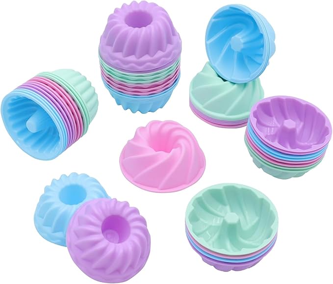 Tongjude 48 Pieces Donut Mold, 2.75" Diameter 0.98" Deep Mini Reusable Baking Cups, Non-Stick, 4 Shape Silicone Molds, Heat Resistant Bakeware for Bagel, Muffin, Jello and Cake Baking